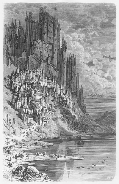 Fantasielandschap met stad en kasteel, illustratie uit 
