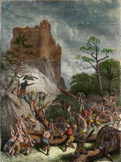 Feodaliteit in de Middeleeuwen: Lijfeigenen werken voor de Heer - Gravure door Gustave Doré uit de 19e eeuw in 