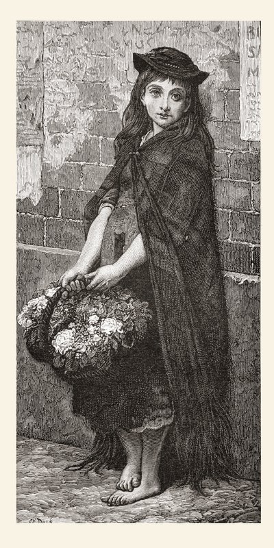 Bloemenmeisje naar een werk van Gustave Dore. Uit Leven en Herinneringen van Gustave Dore, gepubliceerd 1885. door Gustave Dore