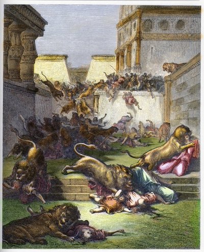 Vreemdelingen verslonden door leeuwen in Samaria - Oude Testament. Mensen verslonden door leeuwen in Samaria - gravure in 