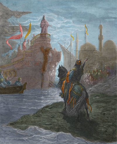 Vierde Kruistocht - Vierde Kruistocht - Alexis V Doukas Murzuphle (1140-1204) - Murzuflo (Alessio Ducas) onderhandelt met Doge Enrico Dandolo (1107-1205), in 1204. gravure door Gustave Dore (1832-1883) uit History of the Crusades door Gustave Dore