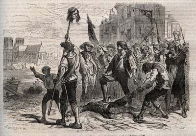 Franse Revolutie: De dood van Jacques de Flesselles, graaf van Brégy (1730-1789), Franse bestuurder, prévôt des marchands op de trappen van het stadhuis in Parijs op 14 juli 1789 - De dood van Jacques de Flesselles, provoost van de kooplieden van Parijs door Gustave Dore