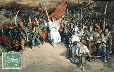 Franse republiek leidt Franse mensen om te vechten tegen Pruisen, tekening door Gustave Dore (1870), Ansichtkaart door Gustave Dore