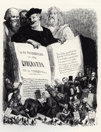Frontispice van de editie van 1854 - In het gezelschap van oude en moderne schrijvers presenteert Rabelais zijn tweede roman - illustratie uit 