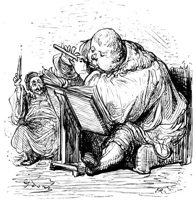 Gargantua opvoeding: de jonge heer leert fluit spelen met zijn muziekleraar. Gravure door Gustave Dore ter illustratie van het werk van Rabelais. door Gustave Dore
