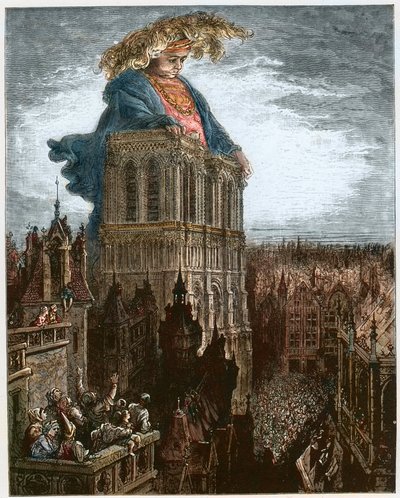 Gargantua op de torens van de Notre-Dame in Parijs - illustratie uit 