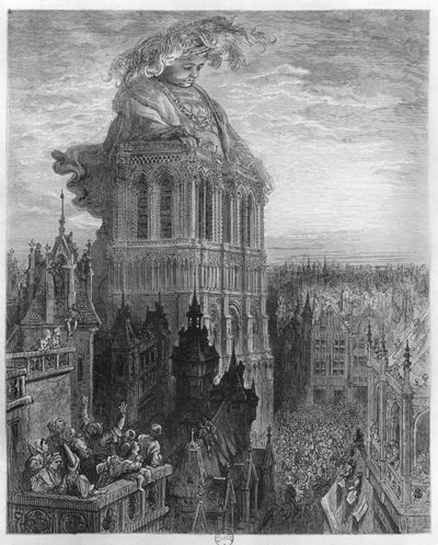 Gargantua op de torens van de Notre-Dame in Parijs, illustratie uit 