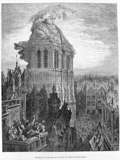 Gargantua rustend op de torens van de Onze-Lieve-Vrouwekerk. Gravure naar het werk Gargantua door François Rabelais (1483 - 1553) door Gustave Dore