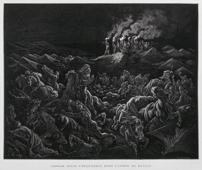 Gideon valt de Midianieten aan in de nacht, Illustratie uit de Dore Bijbel door Gustave Dore