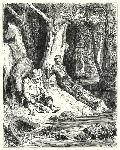 Een heldere fontein, die Don Quichot en Sancho tussen enkele groene bomen vonden, diende om hen te verfrissen (gravure) door Gustave Dore