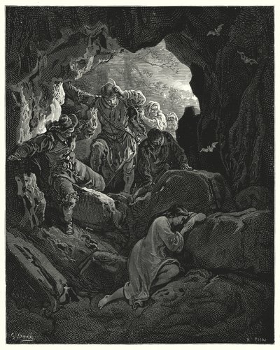 Don Quichot van Gustave Doré: "Een groep met officieren wordt uitgezonden ... die de arme verliefde Leandra in een grot van een van de bergen vinden" door Gustave Dore