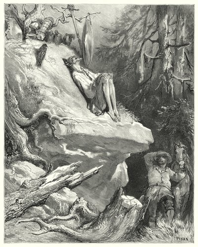 Don Quichot van Gustave Doré: "Ach!" antwoordde Sancho, "Ik vond hem in zijn hemd, mager, bleek en bijna uitgehongerd, zuchtend om zijn Dame Dulcinea" door Gustave Dore
