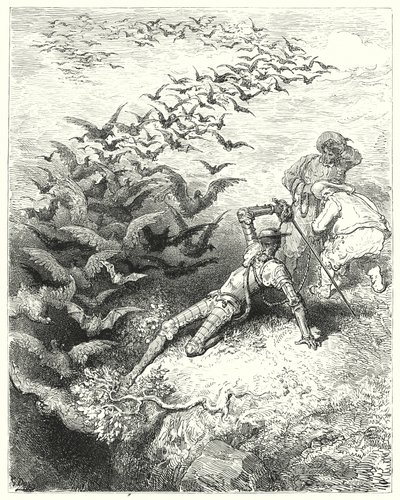 Don Quichot van Gustave Doré: "Een oneindig aantal overwoekerde kraaien en kauwen kwam uit de grot stormen en fladderen" door Gustave Dore