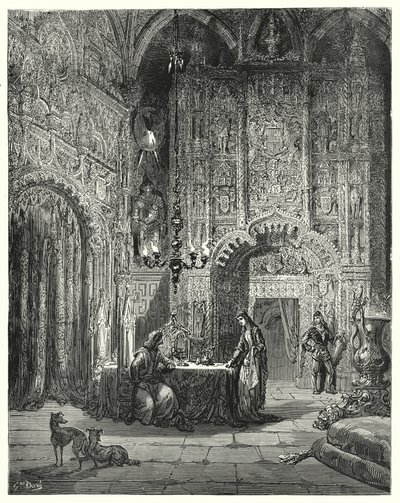 Een andere jonkvrouw komt de kamer binnen en begint hem te vertellen welk kasteel dat is en hoe zij erin betoverd is (gravure) door Gustave Dore