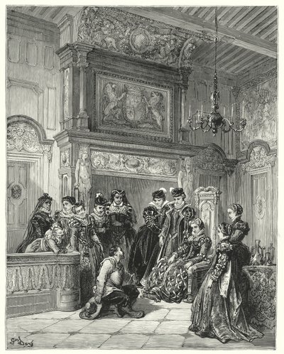Op verzoek van de hertogin vertelde hij het hele verhaal van de recente vermeende betovering zeer getrouw (gravure) door Gustave Dore