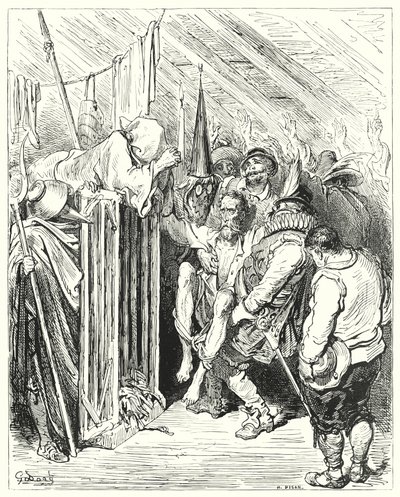 Wees niet ongeduldig, O Ridder van de Jammerlijke Figuur, over je gevangenschap (gravure) door Gustave Dore