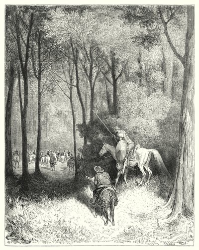 Don Quichot zag een gezelschap, dat hij bij nader inzien als personen van kwaliteit beschouwde (gravure) door Gustave Dore