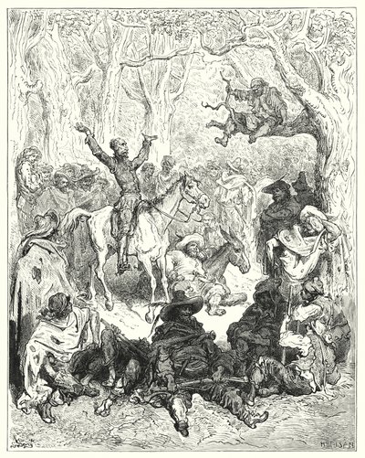 Don Quichot, gezeten op Rozinante, declameert zeer uitvoerig tegen hun manier van leven door Gustave Dore