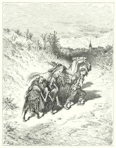 Don Quichot van Gustave Doré: "Hij leidde hen allemaal naar het dorp en liep zelf te voet, zeer peinzend" door Gustave Dore