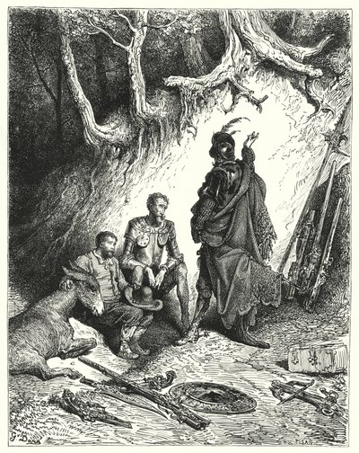 De schildknapen lieten Don Quichot, Roque en Sancho achter om hun terugkeer af te wachten (gravure) door Gustave Dore