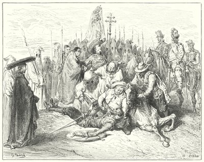 De jammerlijke klanken van de stem van de schildknaap riepen Don Quichot eindelijk tot zichzelf (gravure) door Gustave Dore