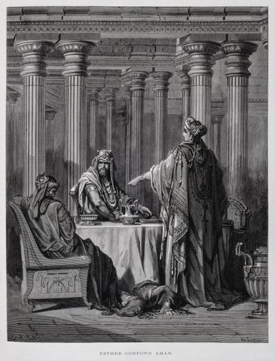 Haman aangeklaagd door koningin Esther, Illustratie uit de Dore Bijbel door Gustave Dore