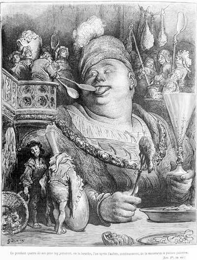 Echter, vier van zijn mensen gooiden mosterd in zijn mond, de een na de ander, voortdurend, volgeschept. Uittreksel uit Gargantua door François Rabelais (1483 - 1553), gravure door Gustave Doré (1832-1883) door Gustave Dore