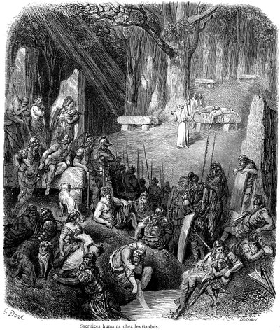 Menselijke offers onder de Galliërs - druïden, dolmen, menhir - gravure door Gustave Doré in 