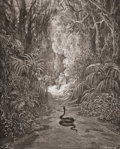Illustratie door Gustave Dore 1832-1883 Franse kunstenaar en illustrator voor Paradise Lost door John Milton Boek IX regels 434 en 435 door Gustave Dore