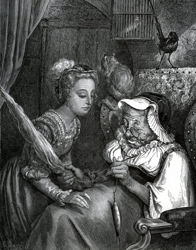 Illustratie door Gustave Doré voor een verhaal van Charles Perrault: Doornroosje. De prinses gaat zichzelf steken aan de distel van een oude vrouw die wegloopt in het spinnewiel. door Gustave Dore