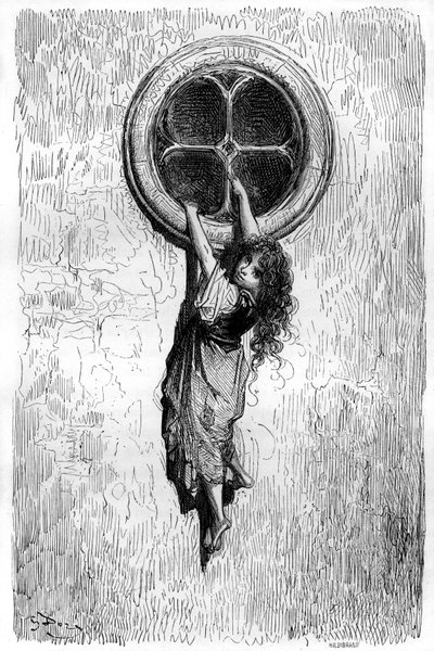 Illustratie door Gustave Dore voor de roman “Le Capitaine Fracasse” door Theophile Gautier (1811-1872). Behendig als een kat en dun als een slang, gaat de jonge Chiquita door een raam om zich bij de gevangen Isabelle te voegen. door Gustave Dore