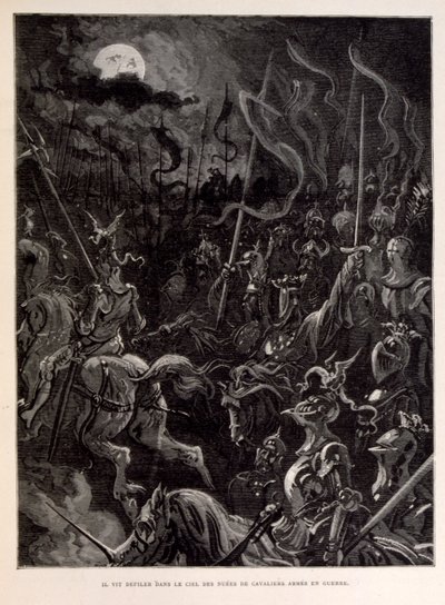 Illustratie van ridders in gevecht tijdens een maanverlichte avond door Gustave Dore