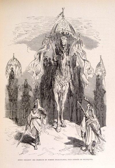 Illustratie van een oosterse kameelkaravaan met bedienden en wagen. door Gustave Dore