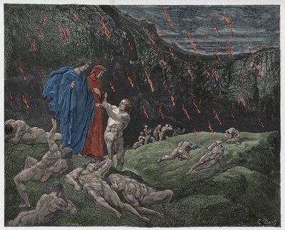 Inferno, Canto 15: Brunetto Latini spreekt Dante aan, illustratie uit "De Goddelijke Komedie" door Dante Alighieri, 1885 door Gustave Dore