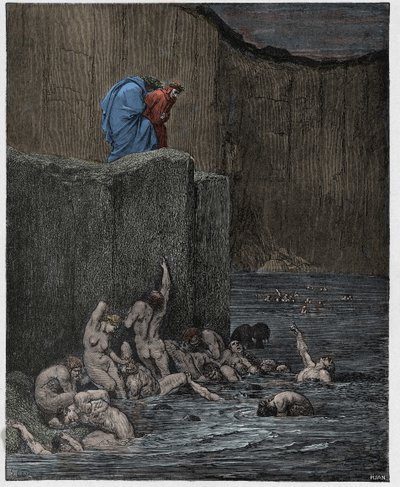 Inferno, Canto 18: Hoeren en vleiers in de achtste cirkel, illustratie uit "De Goddelijke Komedie" door Dante Alighieri, 1885 door Gustave Dore