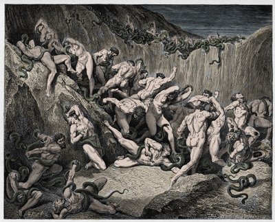 Inferno, Canto 24: De dieven gekweld door slangen, illustratie uit "De Goddelijke Komedie" door Dante Alighieri, 1885 door Gustave Dore
