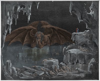 Inferno, Canto 34: Lucifer, koning van de hel, bevroren in het ijs, illustratie uit "De Goddelijke Komedie" door Dante Alighieri, 1885 door Gustave Dore