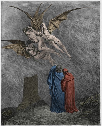Inferno, Canto 9: De afschuwelijke Erinyes: Megaera, Tisiphone, Alecto door Gustave Dore