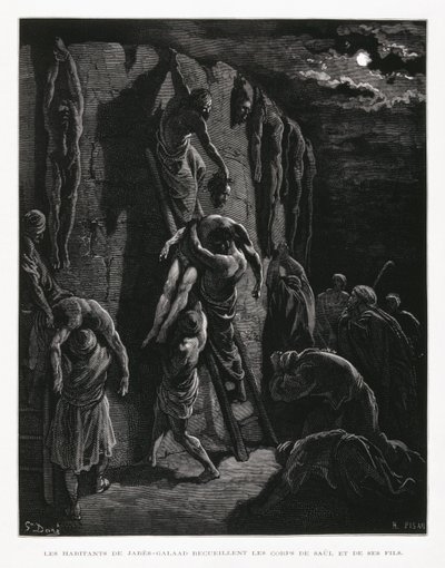 Jabesh-Gileadieten halen de lichamen van Saul en zijn zonen terug, Illustratie uit de Dore Bijbel door Gustave Dore