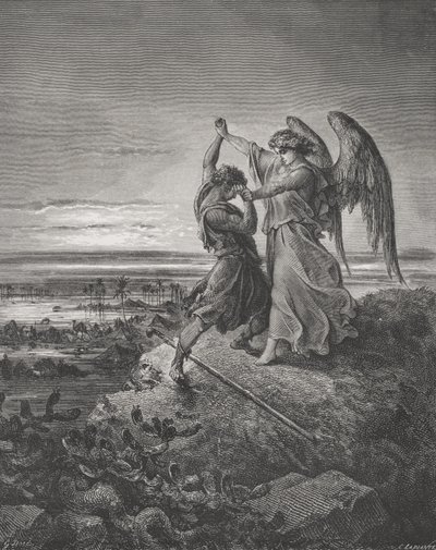 Jakob worstelt met de engel, Genesis 32:24-32, illustratie uit Dore