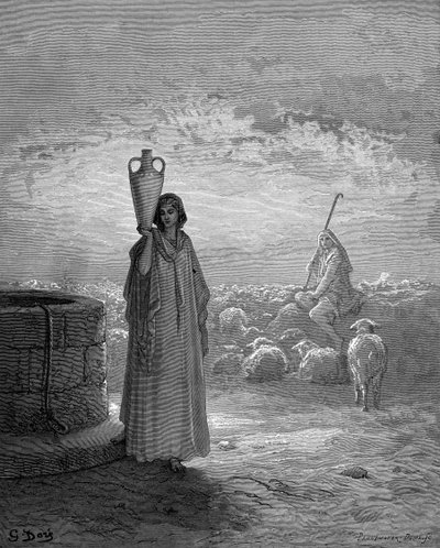 Jakob, die de kudden van Laban hoedt, ziet Rachel bij de bron. Genesis 29. Uit de geïllustreerde Bijbel van Gustave Doré 1866. Houtsnede door Gustave Dore