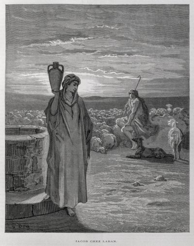 Jacob ziet Rachel bij de bron van Labans huis, Illustratie uit de Dore Bijbel door Gustave Dore