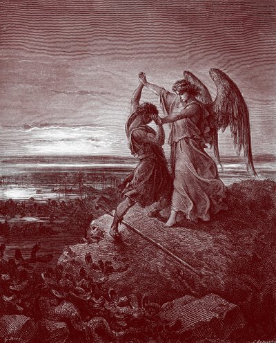 Jakob worstelt met de engel, door Doré - Bijbel door Gustave Dore