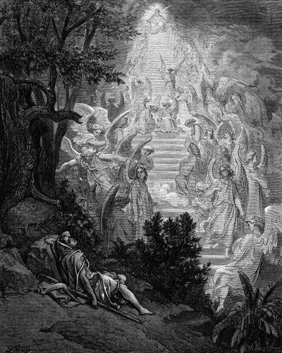 Jakobs droom van een trap naar de hemel met God aan de top, 1865-1866 door Gustave Dore