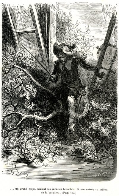 Jacquemin Lampourde, het pistool in zijn hand, kwam op een punt in de strijd. Gravure door Gustave Doré ter illustratie van de picareske roman van Théophile Gautier 