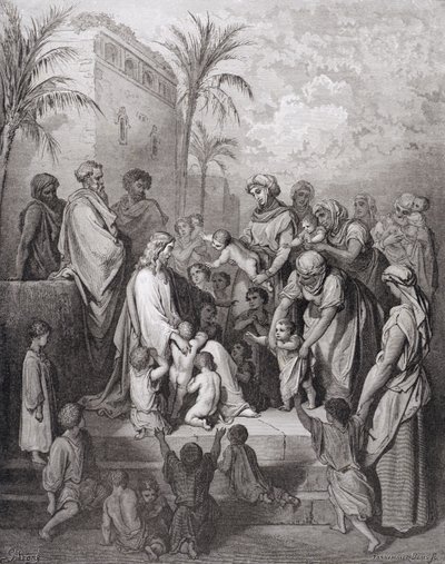 Jezus zegent de kinderen, gegraveerd door Stephane Pannemaker, ca. 1868 door Gustave Dore