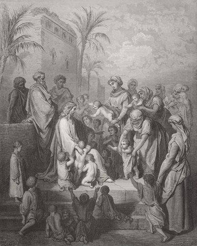 Jezus zegent de kinderen, illustratie uit Dore