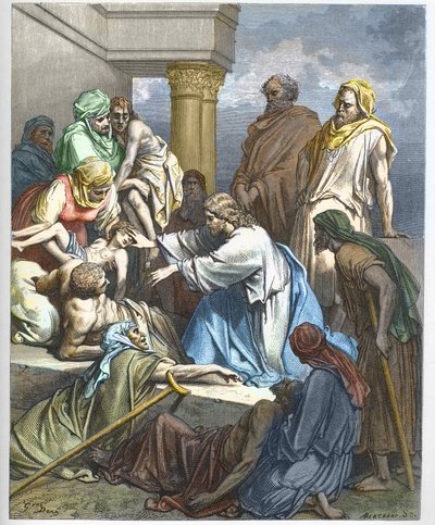 Jezus geneest de zieken - gravure in "The Bible illustree" door Gustave Dore (1832-1883) - Gravure uit "The Dore Bible" door Gustave Dore