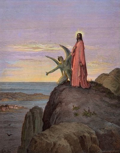 Jezus in de woestijn, onderworpen aan de verleiding van de duivel - De verleiding van Christus - Satan verleidde Jezus - gravure door Gustave Dore - latere inkleuring door Gustave Dore