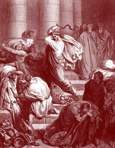 Jezus in de tempel, gravure door Doré - Bijbel door Gustave Dore